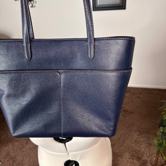 Michael Kors Logo Navy Blue Leather Tote Bag Purse | Dual Handles Front Pockets - Picture 11 of 15